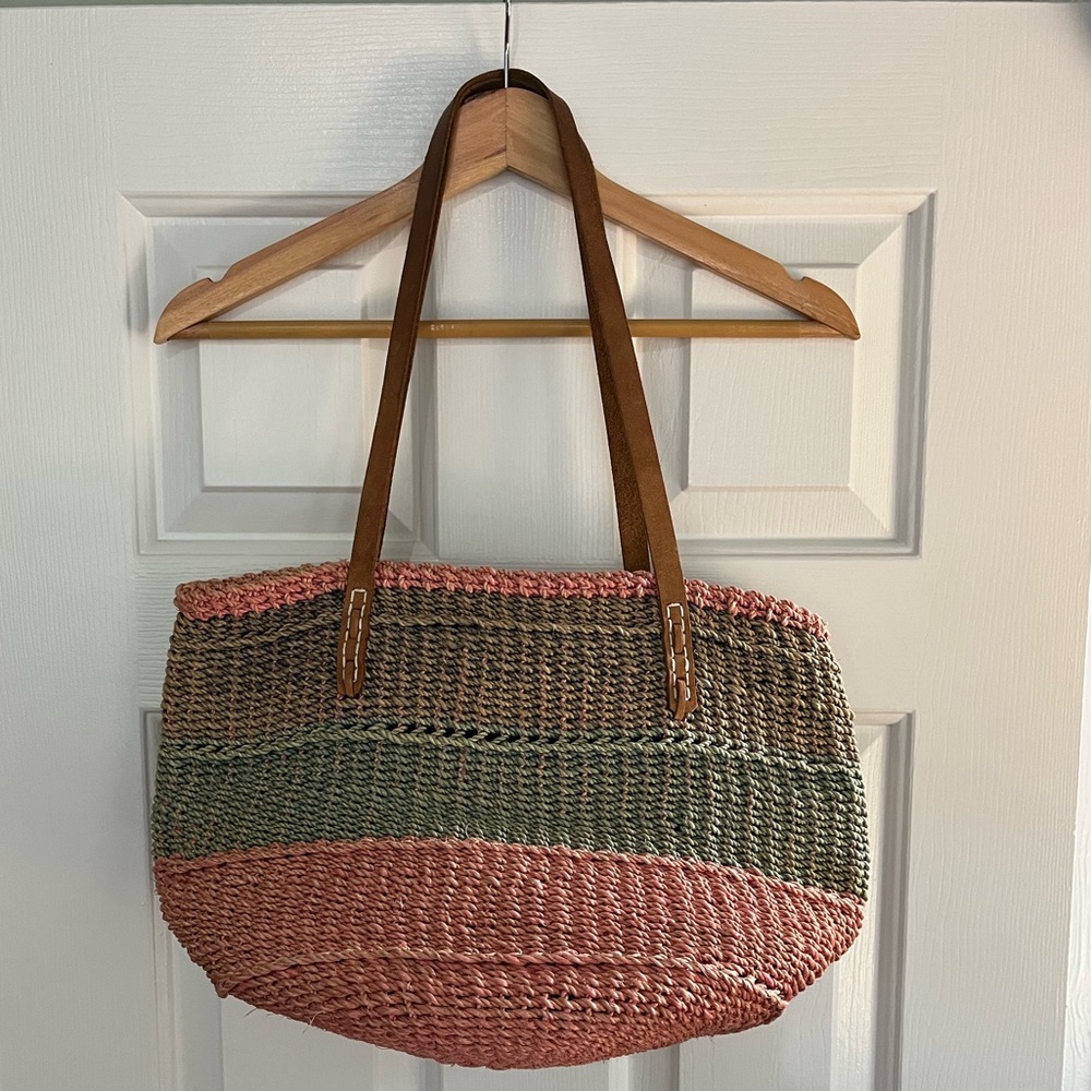 Woven Colorblock Straw Bag with Leather Handles